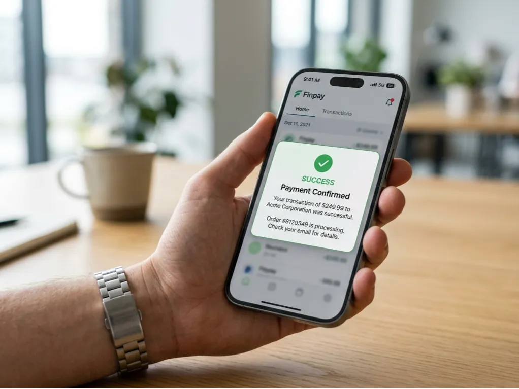 A close-up of a person's hand holding a smartphone. The screen displays a green checkmark with a 'Payment Confirmed' success notification for a recent transaction.