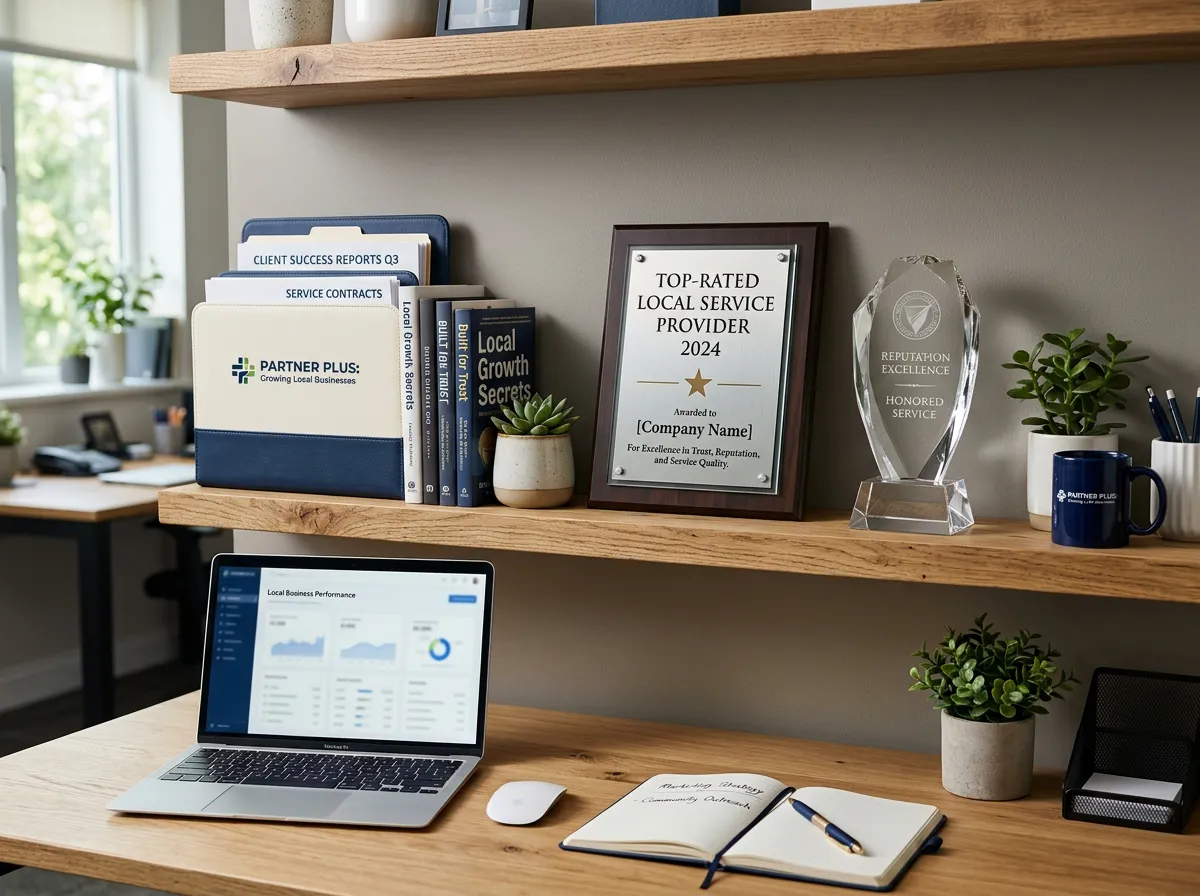 A professional office desk with a laptop displaying a business dashboard. Above it, a wooden shelf holds a 'Top-Rated Local Service Provider 2024' plaque, an award crystal, and client success reports.