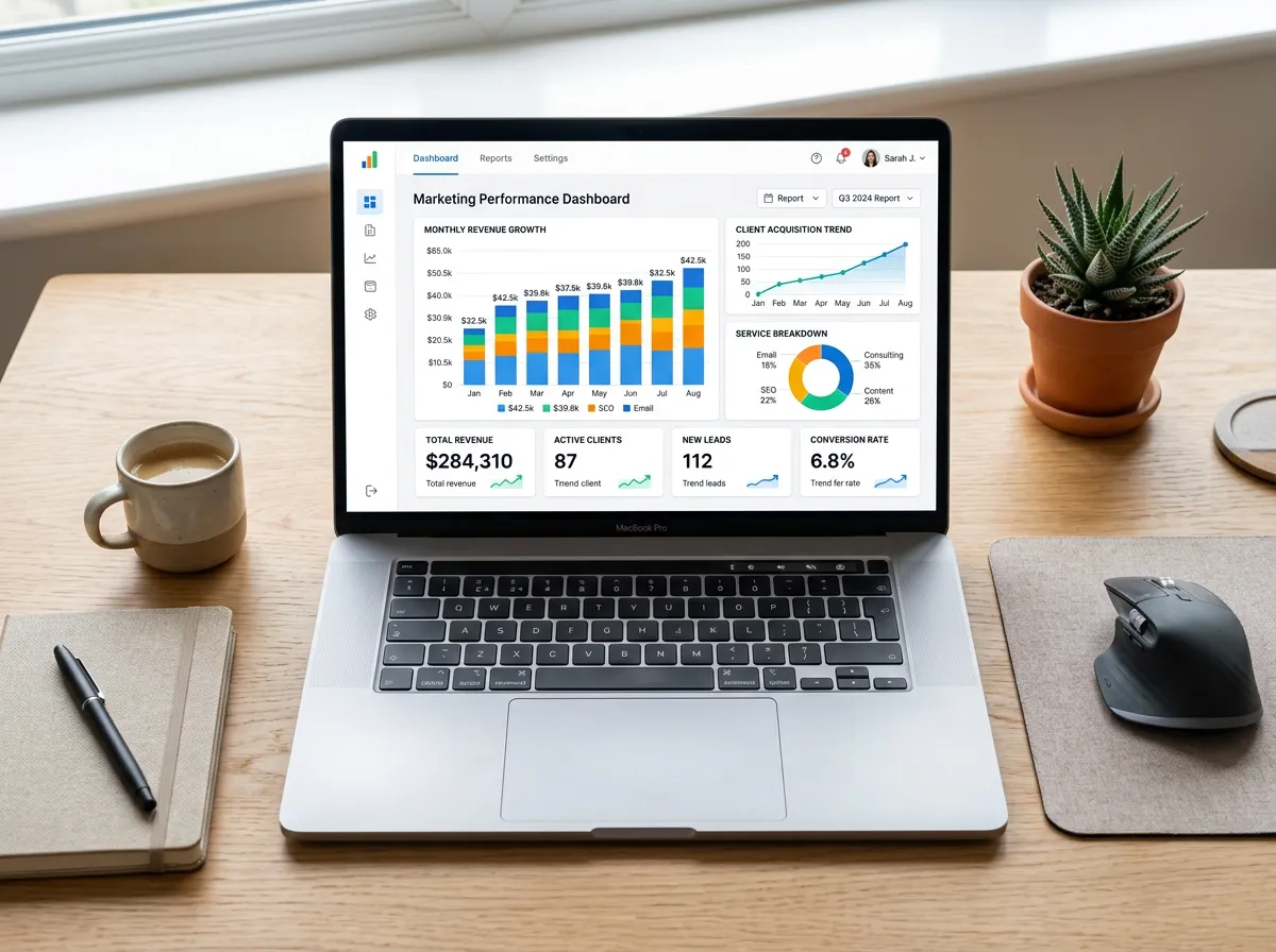 A laptop on a wooden desk displaying a detailed marketing performance dashboard with charts tracking monthly revenue growth, new leads, and client acquisition trends.