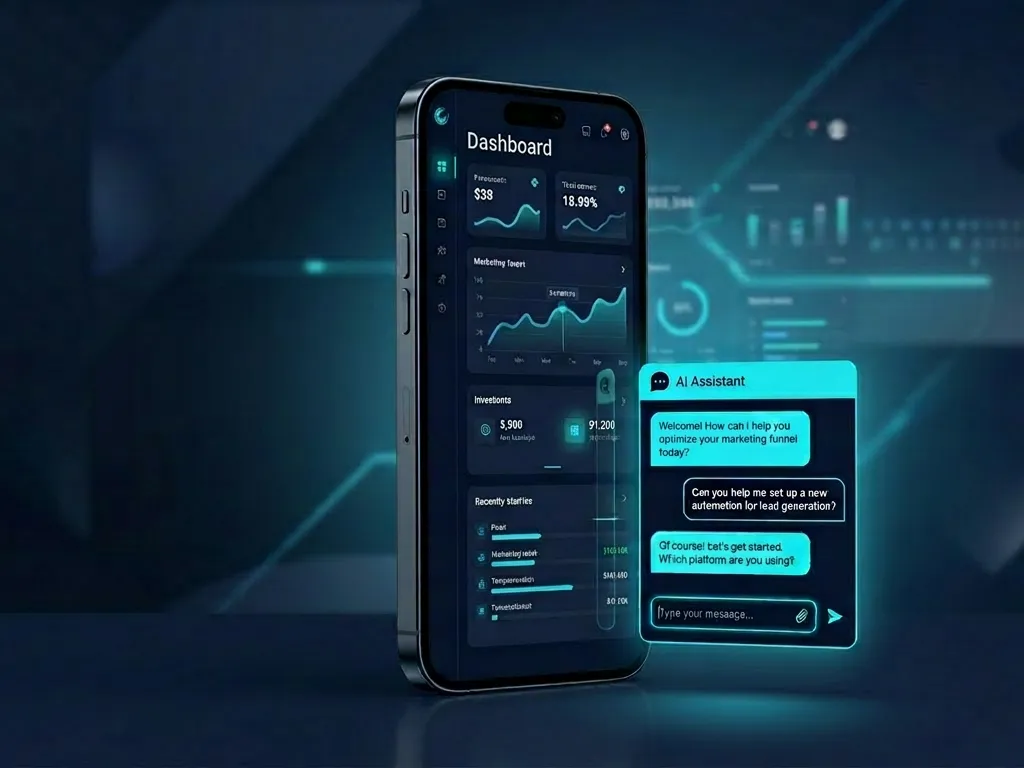 Smartphone displaying a dark navy digital marketing dashboard with a glowing, bright cyan AI Assistant chat widget demonstrating automated lead generation.