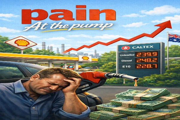 Man frustrated at rising fuel prices at petrol station with increasing cost sign and fuel pump, illustrating pain at the pump