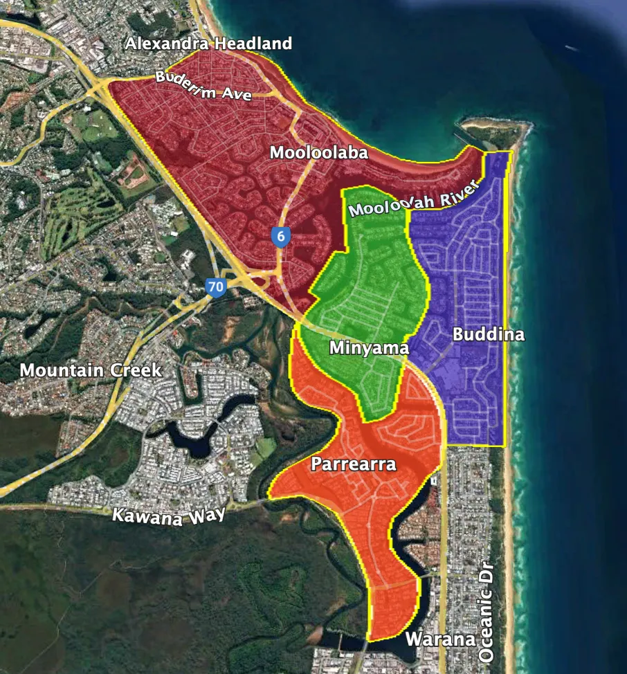 Map illustration of the Mooloolaba, Minyama, Buddina, and Parrearra courier run area, highlighting key delivery zones and main roads.