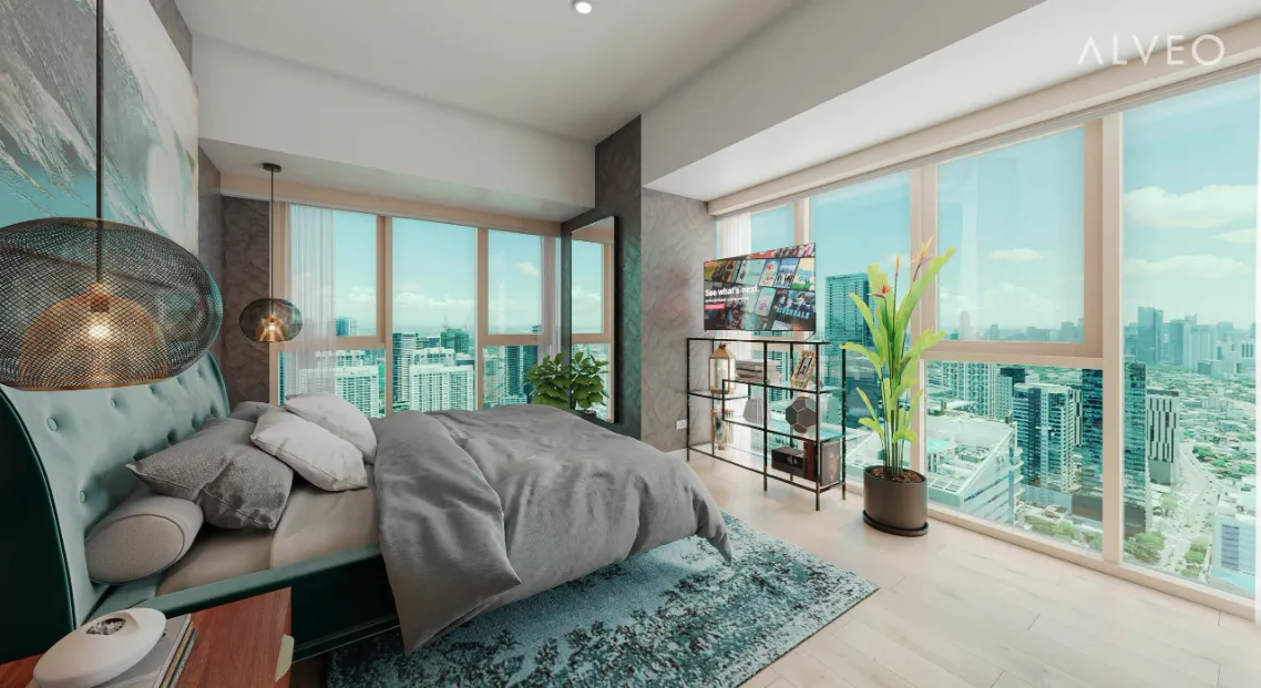 Modern and elegant bedroom with a panoramic view of Bonifacio Global City.