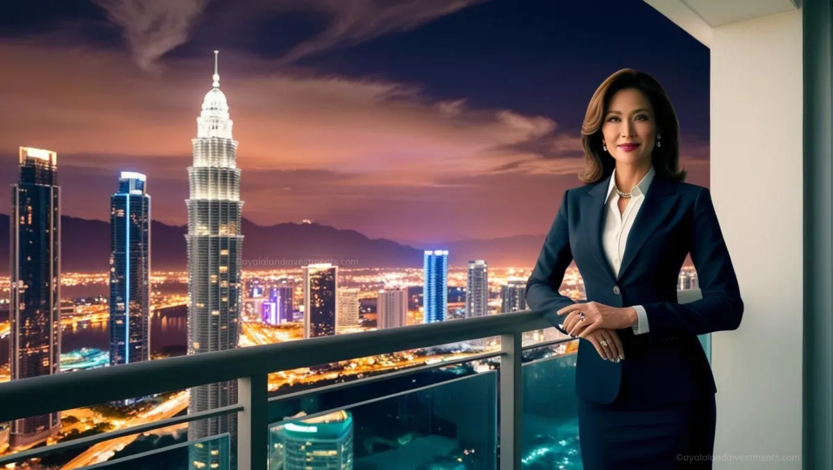 A confident investor standing on a balcony with a view of Bonifacio Global City, representing ownership of a prestigious property.