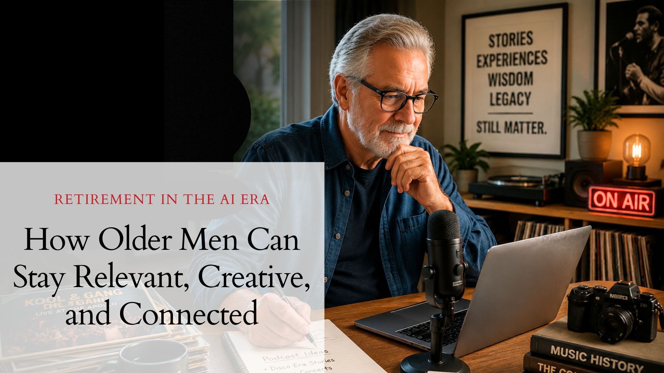 Older man reinventing himself after retirement using digital tools and AI technology