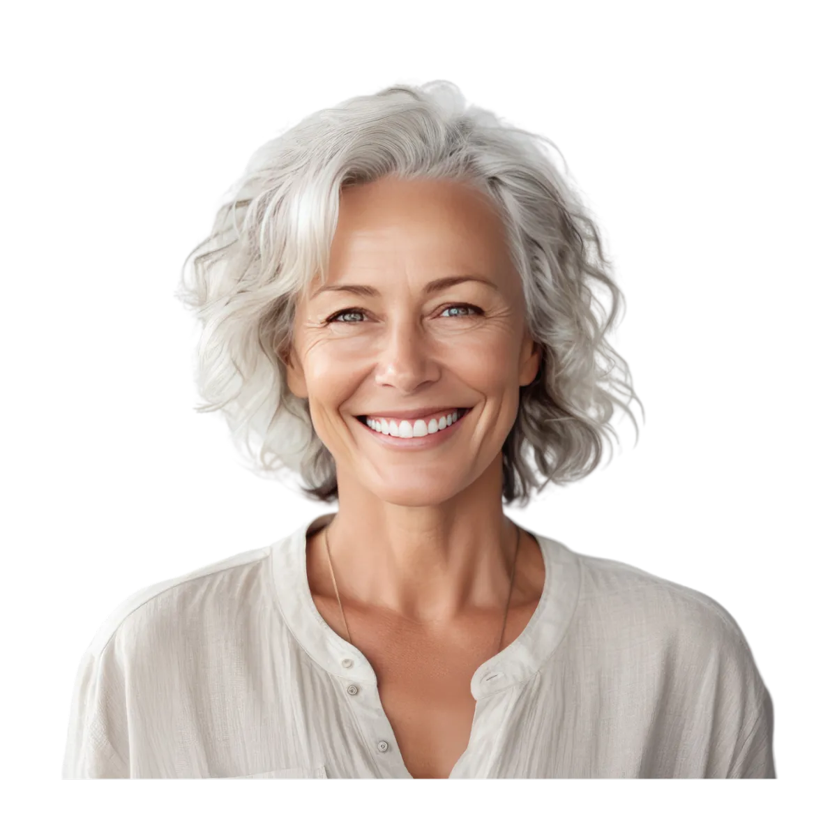 older female with white hair and a big smile looking happy and healthy