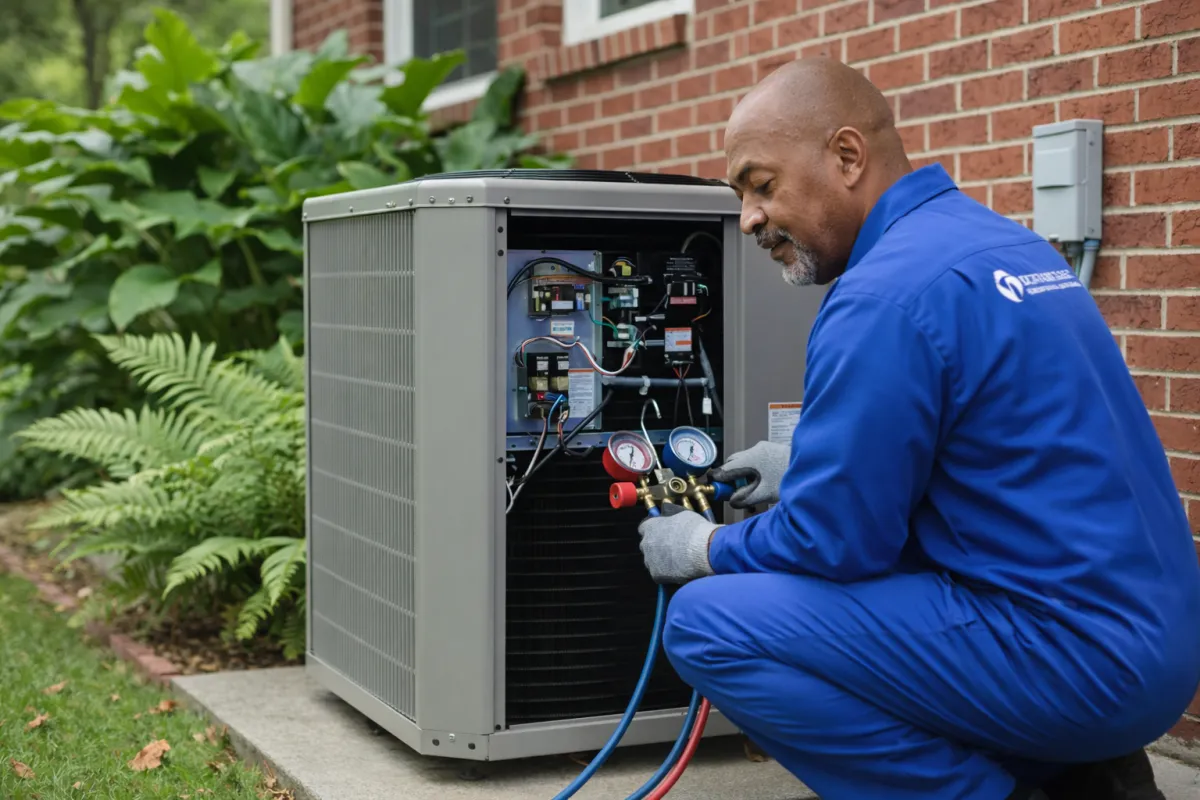 Technician servicing air conditioning unit