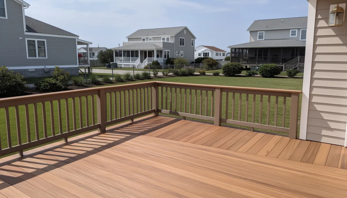 A newly built wooden deck with composite railings attached to a light-colored home.