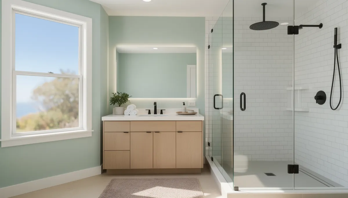 A newly remodeled bathroom with modern fixtures, tile work, and a walk-in shower filled with natural light.