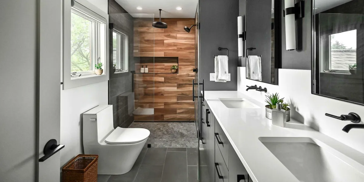 a cool looking bathroom with black and white theme