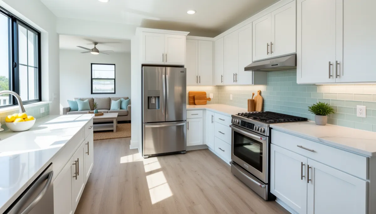 A bright, newly remodeled coastal kitchen with white cabinets, quartz countertops, and stainless steel appliances.