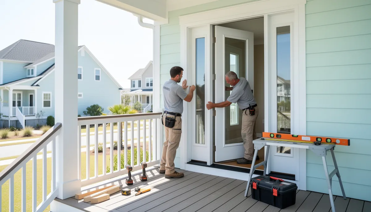 A modern entry door being installed on a coastal-style home with fresh siding and a porch in natural daylight.