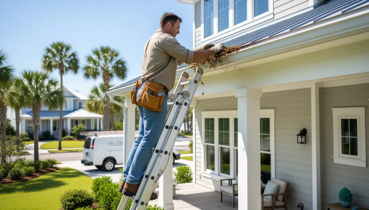 A contractor cleaning out gutters on a two-story coastal home with modern siding and a porch in daylight.