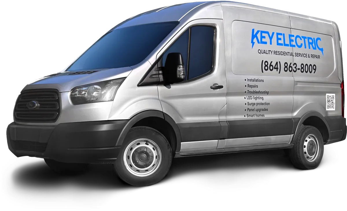 Key Electric service van parked over a map of Greenville, SC, displaying contact information and services offered, emphasizing local electrical solutions for homeowners.