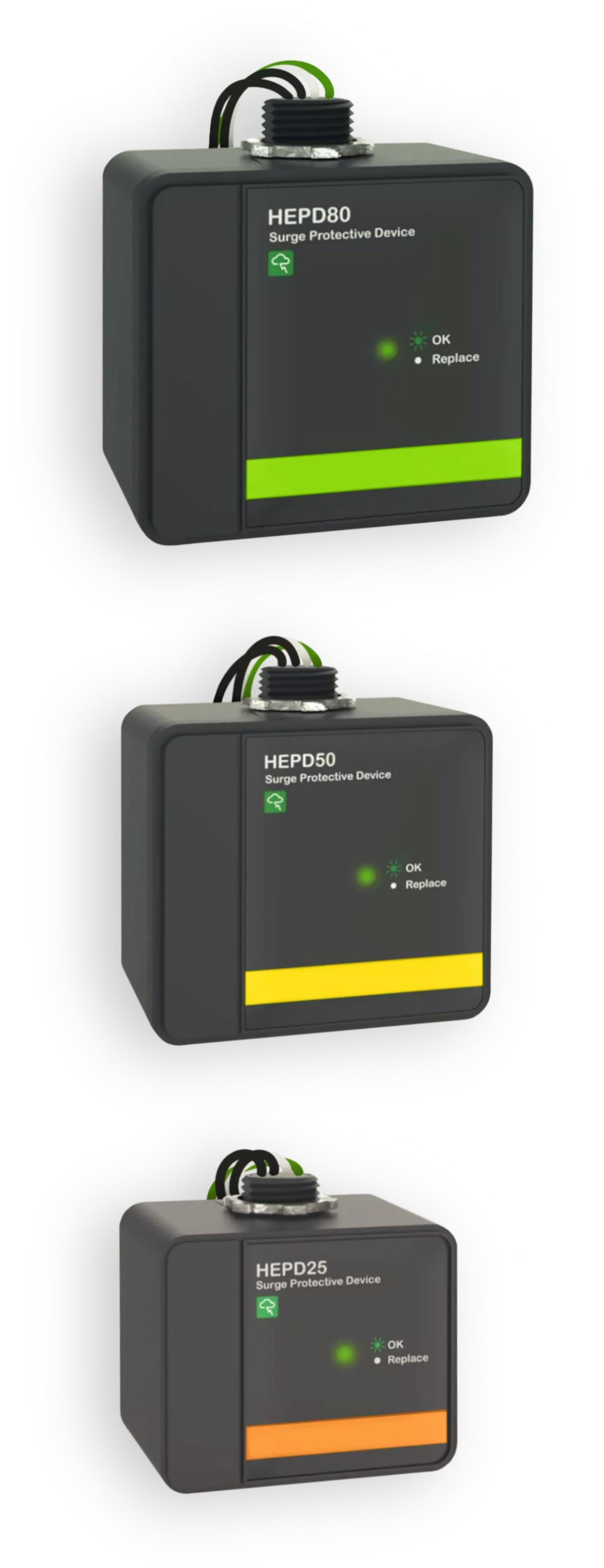 Surge protective devices HEPPD80, HEPPD50, and HEPPD25, showcasing different ratings for whole-home surge protection options, highlighting essential features for safeguarding appliances and electronics.