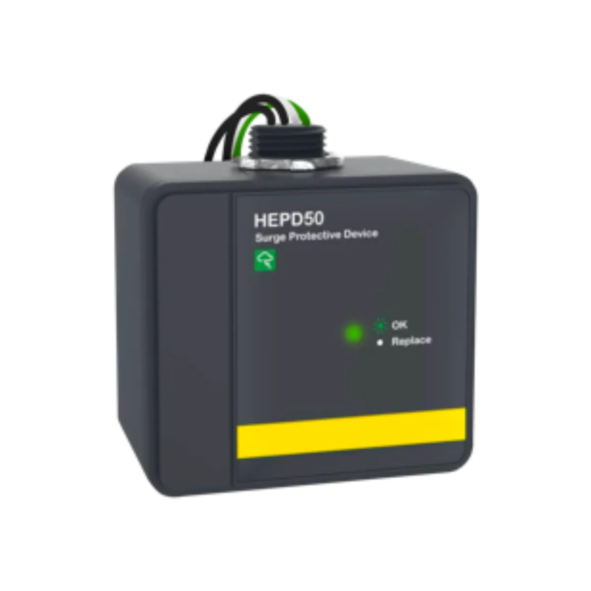 Surge protective device HEPD50 with indicator lights, designed for whole-home surge protection installations, relevant for homeowners seeking to safeguard appliances and electronics.