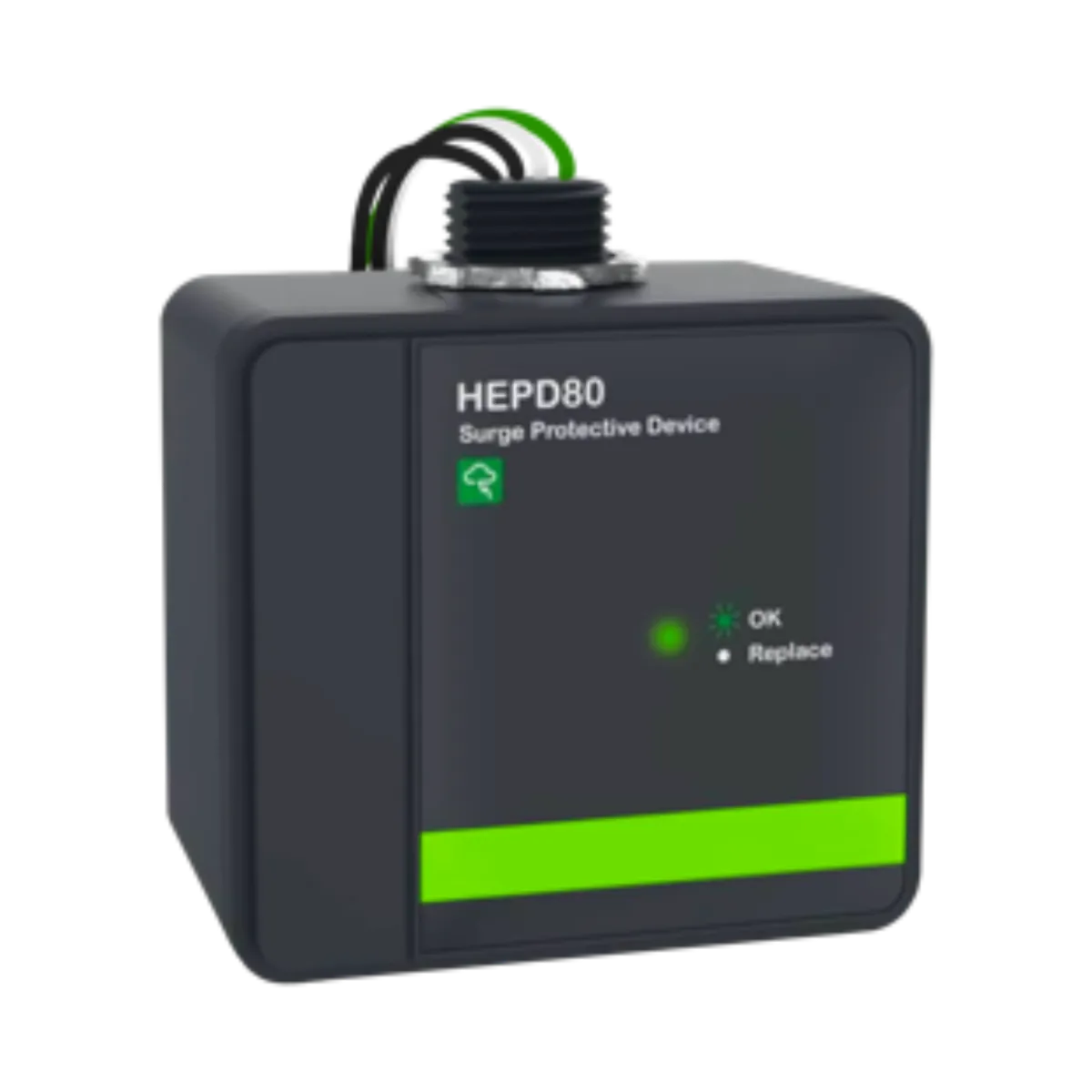 HEPD80 surge protective device with indicator lights, designed for whole-home surge protection for appliances and electronics.