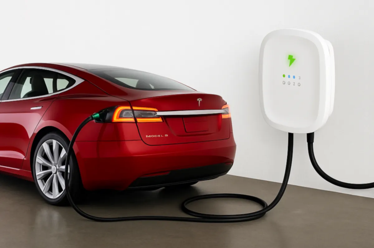 Red Tesla Model S charging at home with a wall-mounted EV charger, highlighting the convenience of at-home electric vehicle charging solutions.