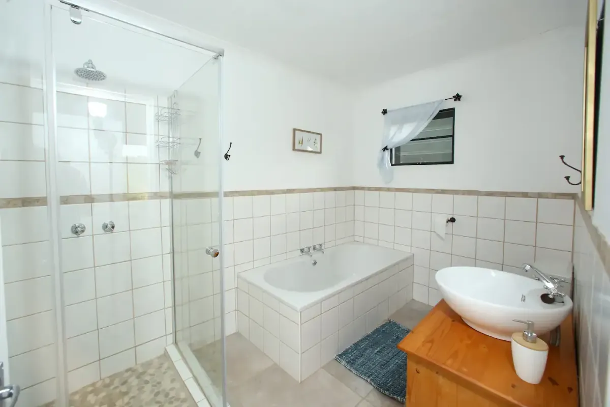 Ensuite bathroom in Wild Olive Cottage at Oude Doornbosch, featuring a walk-in shower and stylish decor.