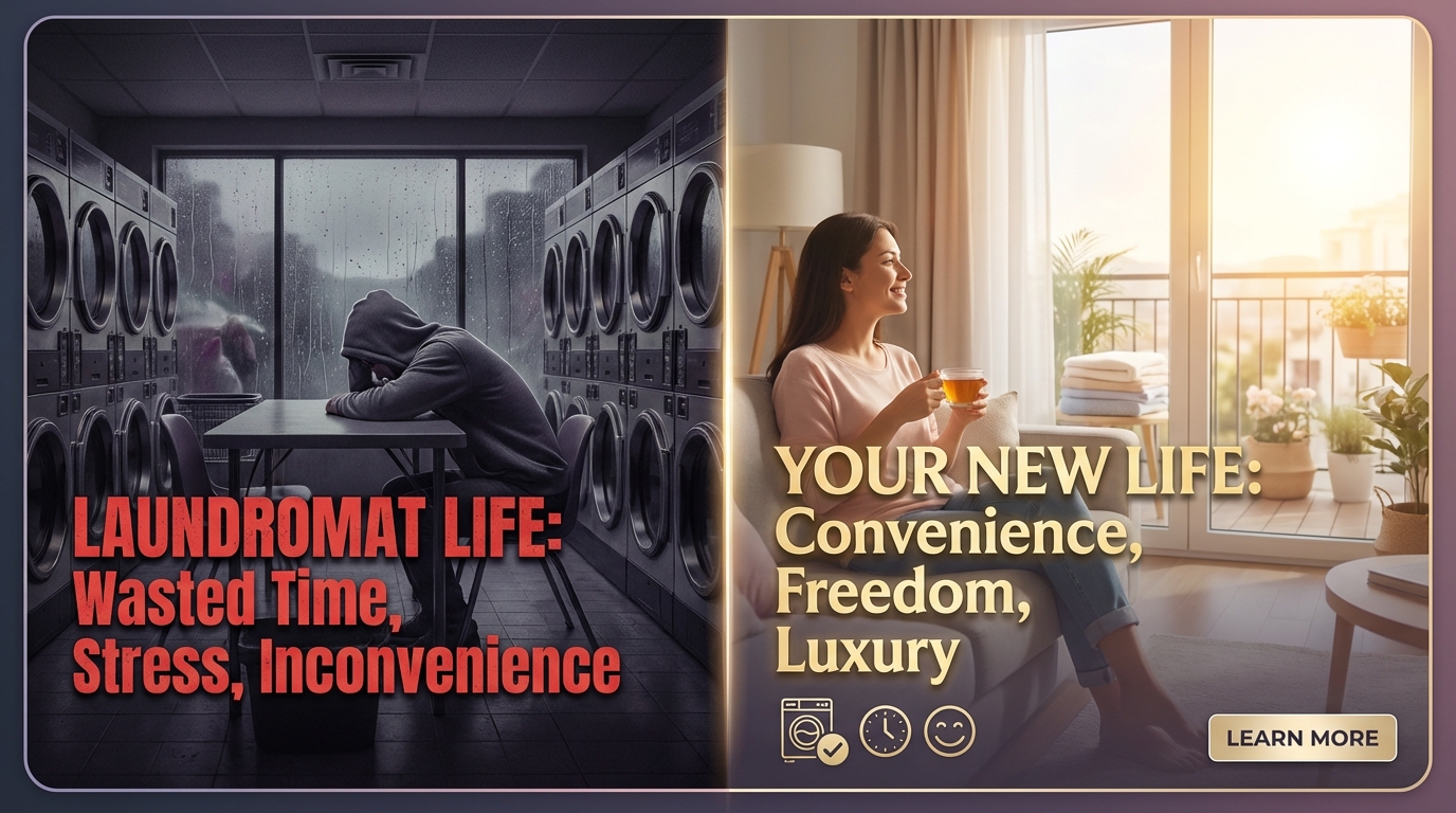 Row of washing machines in a clean laundromat.