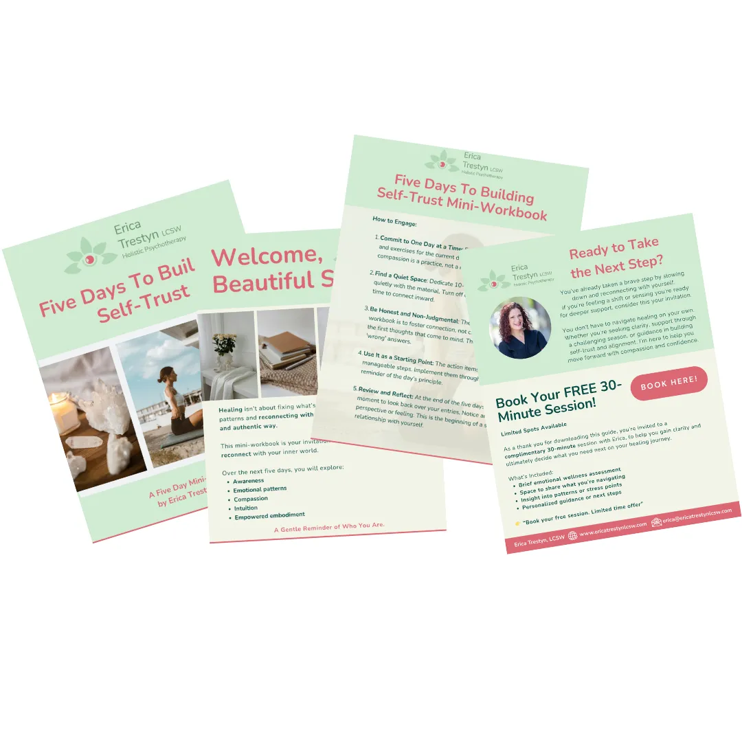 Five Days to Building Self Trust mini workbook preview showing guided journaling prompts emotional awareness exercises and self compassion practices
