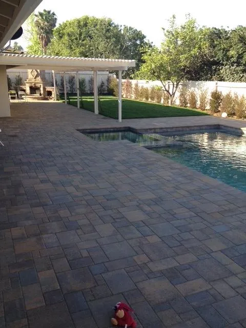 Backyard featuring a pool surrounded by interlocking pavers to the very edge of the pool.