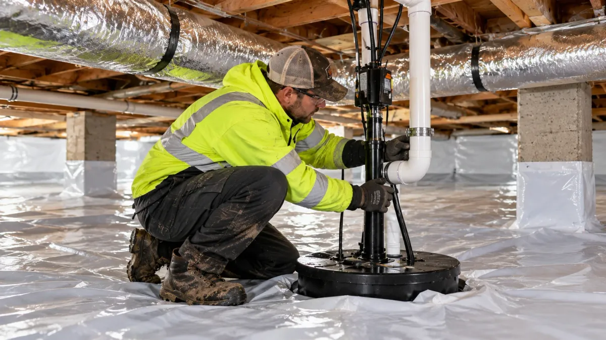 Professional crawlspace encapsulation technician sealing vapor barrier seams for long-term moisture protection in Westfield, MA.