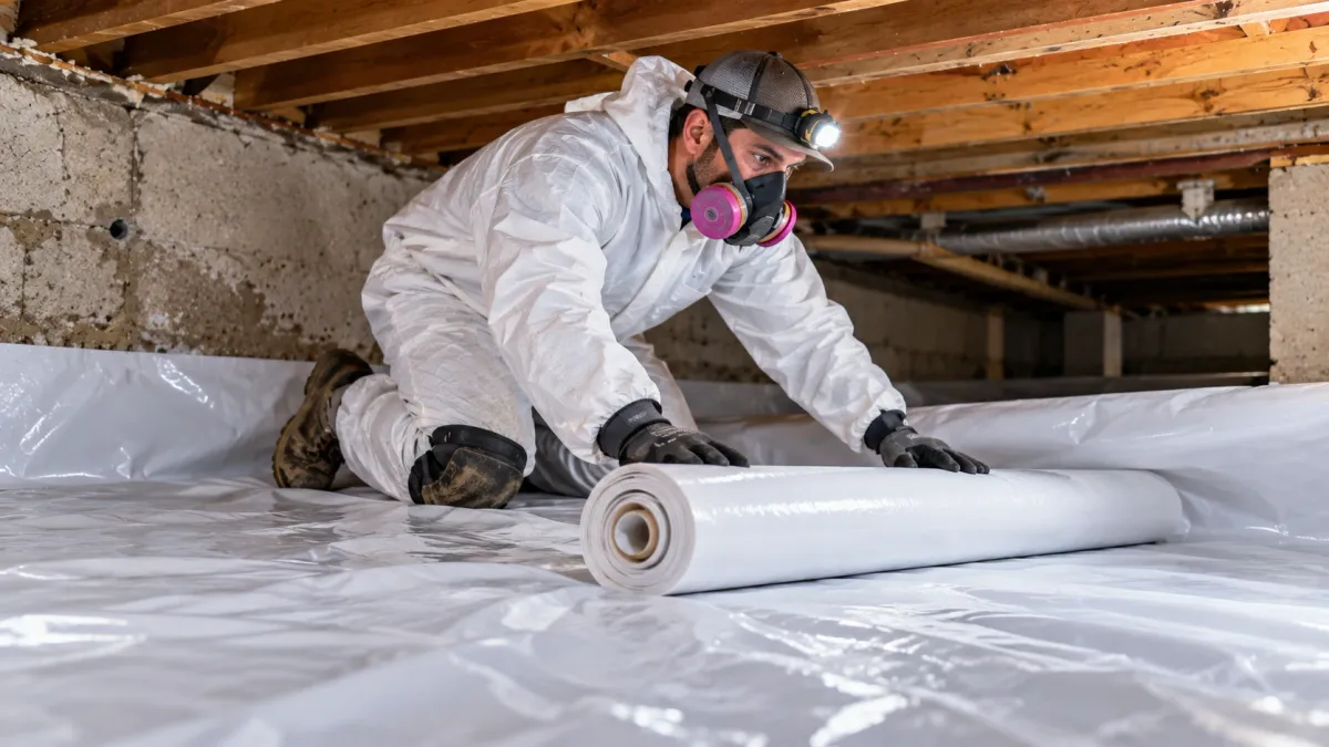 Crawlspace moisture control specialist installing a sump pump drainage system inside an encapsulated crawlspace in Agawam, MA.