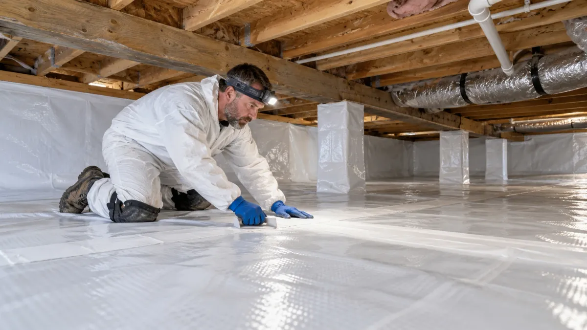 Professional installing and sealing a white crawlspace encapsulation liner beneath a home in Springfield, MA.