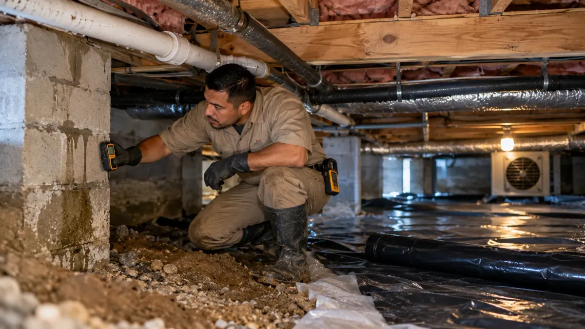 Technician checking moisture levels in a damp crawlspace to identify water intrusion problems in Springfield, MA.