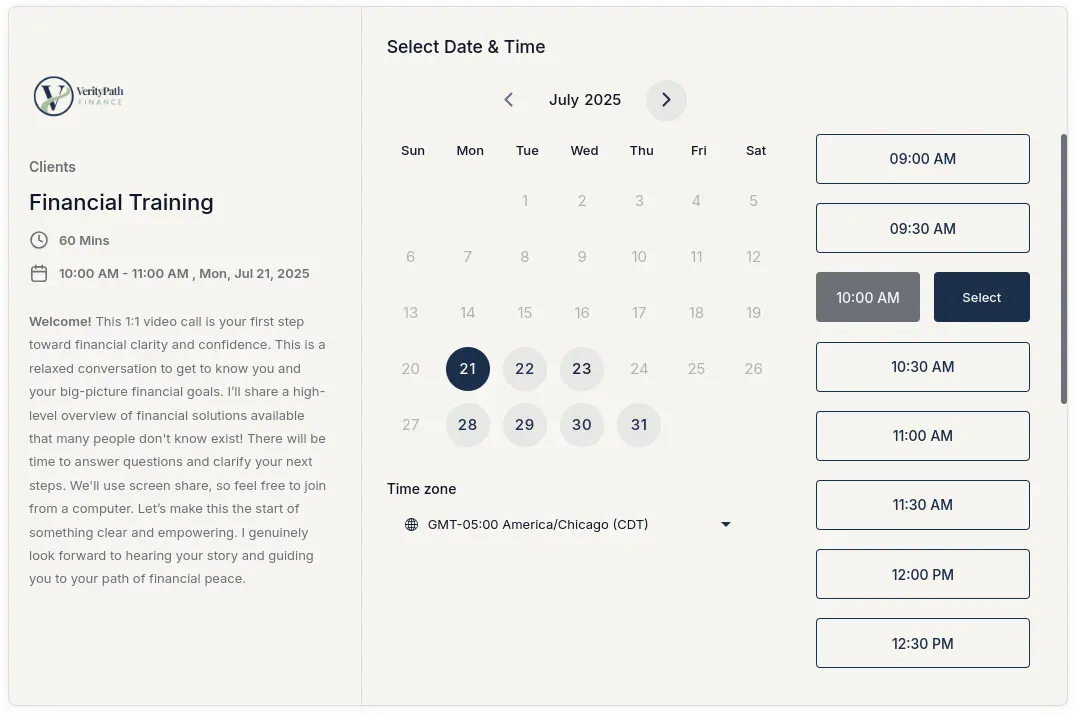 VerityPath CRM public calendar booking page