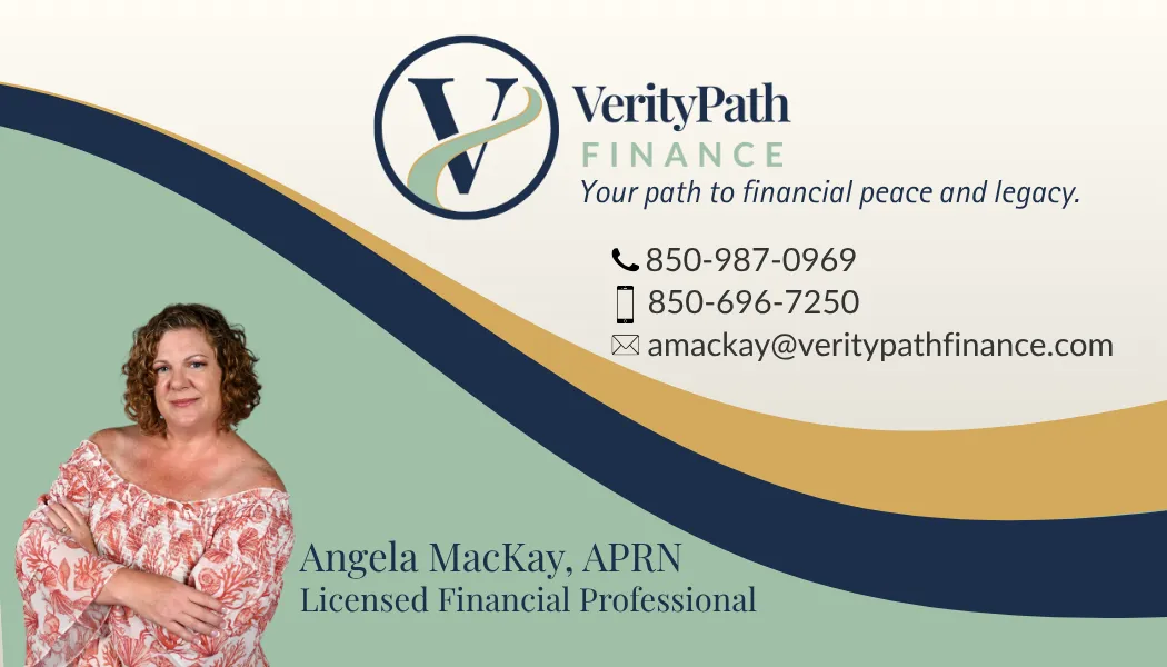 Business card for Angela MacKay, APRN, Licensed Financial Professional.
