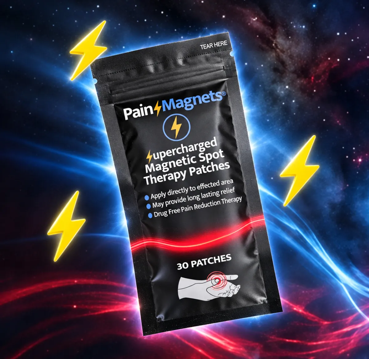 Pain Magnets 30-patch relief pouch packaging with subtle energy glow