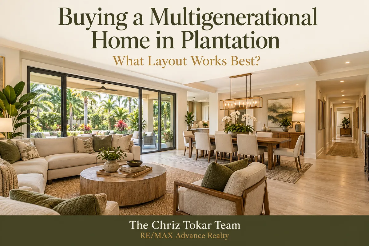 Shared living and dining areas in a Florida home, with the title “Buying a Multigenerational Home in Plantation: What Layout Works Best?”