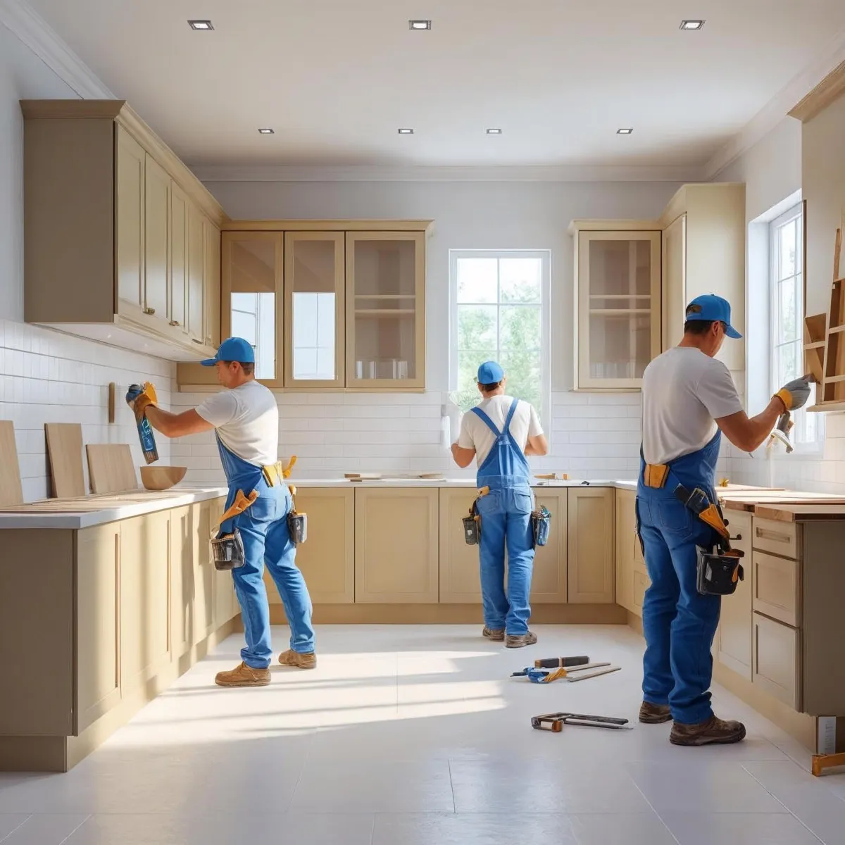 three people in blue overalls working in a kitchen