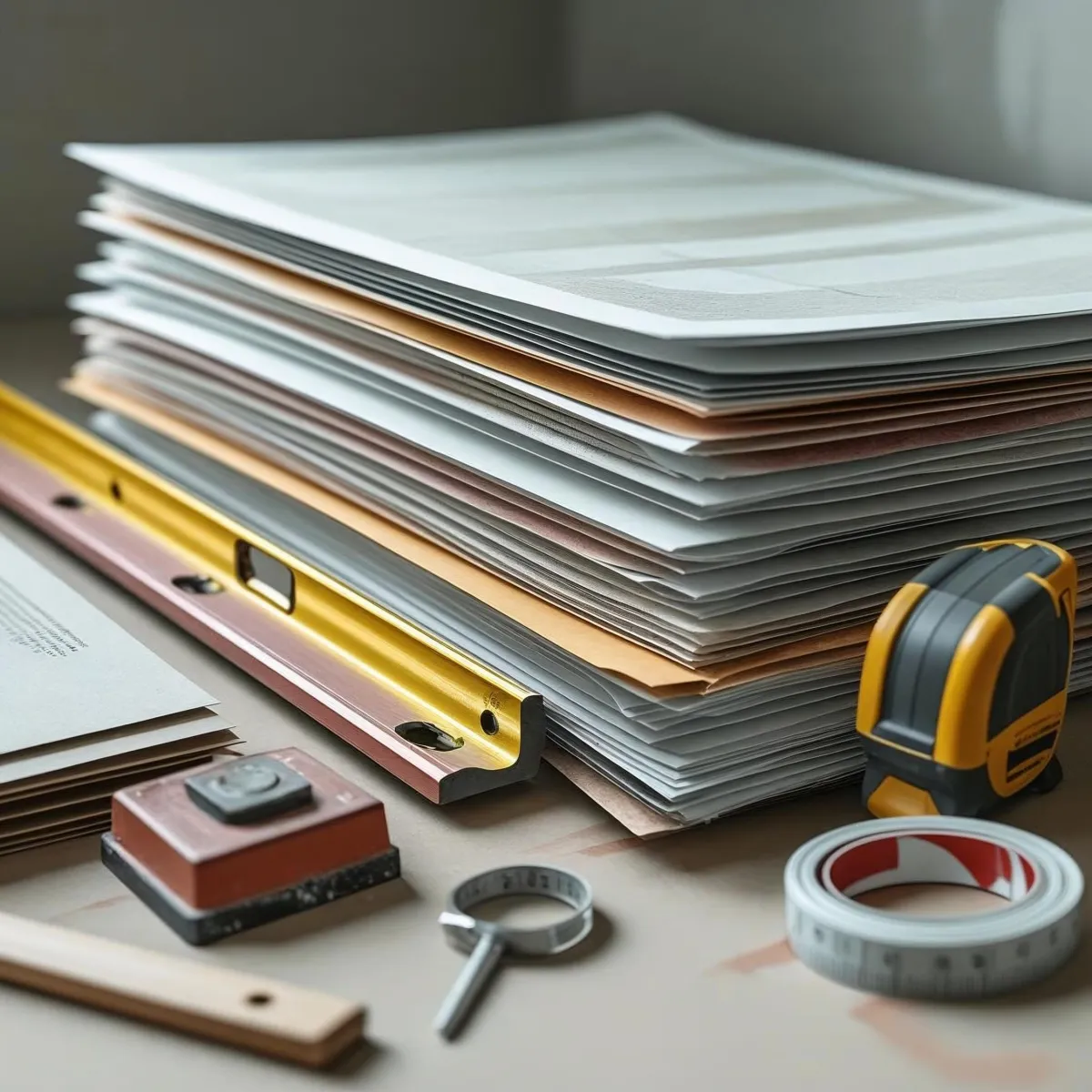 a stack of papers with a ruler, tape measure and other tools