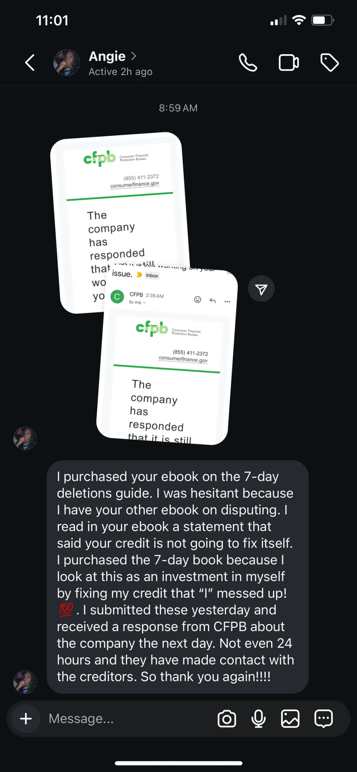 Customer testimonial showing a CFPB complaint response and reported collection removal using the 7-Day Deletions Guide