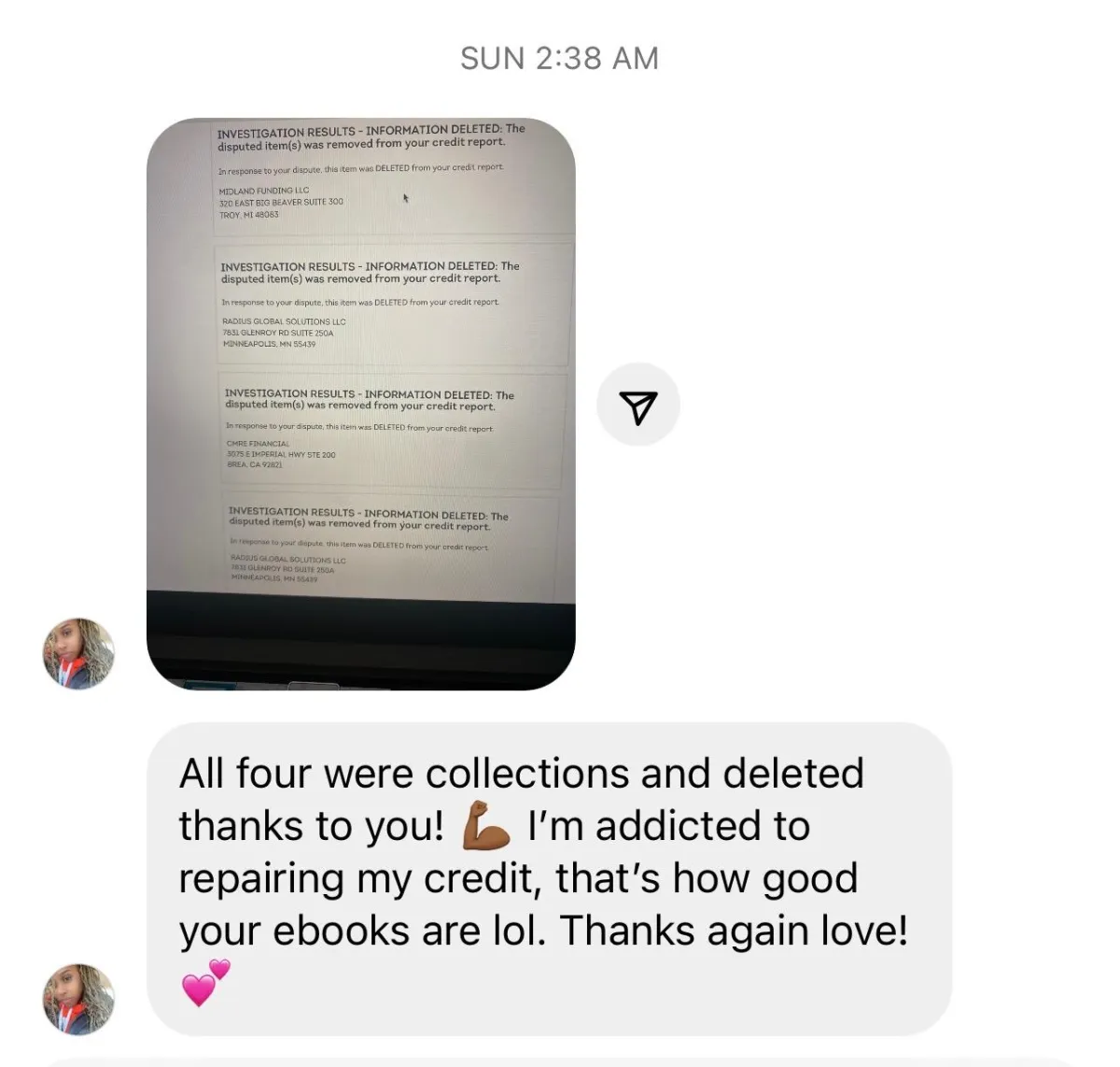 Rose Credit Academy student testimonial reporting four collection accounts removed after credit report disputes