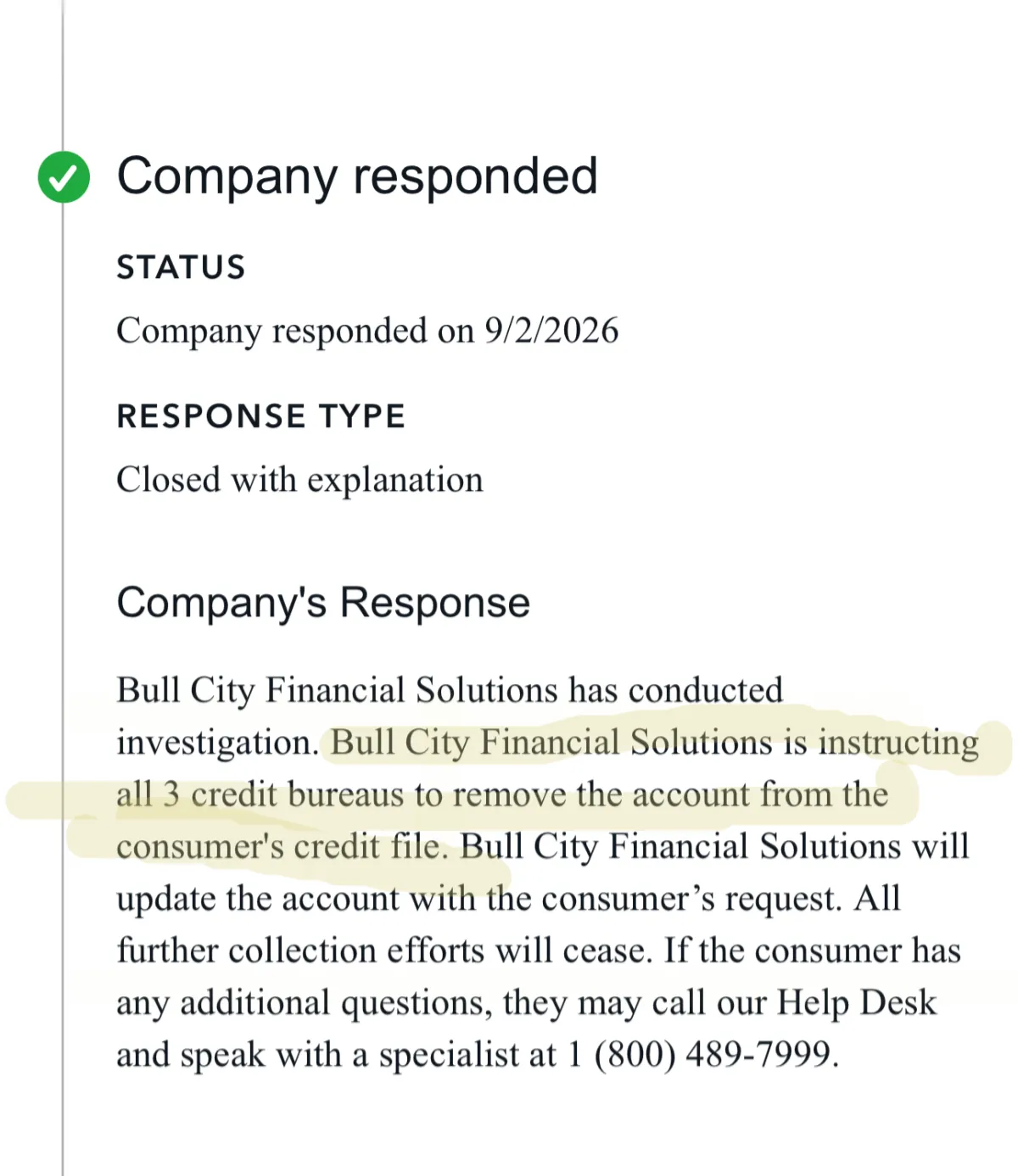 Company response screenshot confirming a request to remove a collection account from consumer credit reports