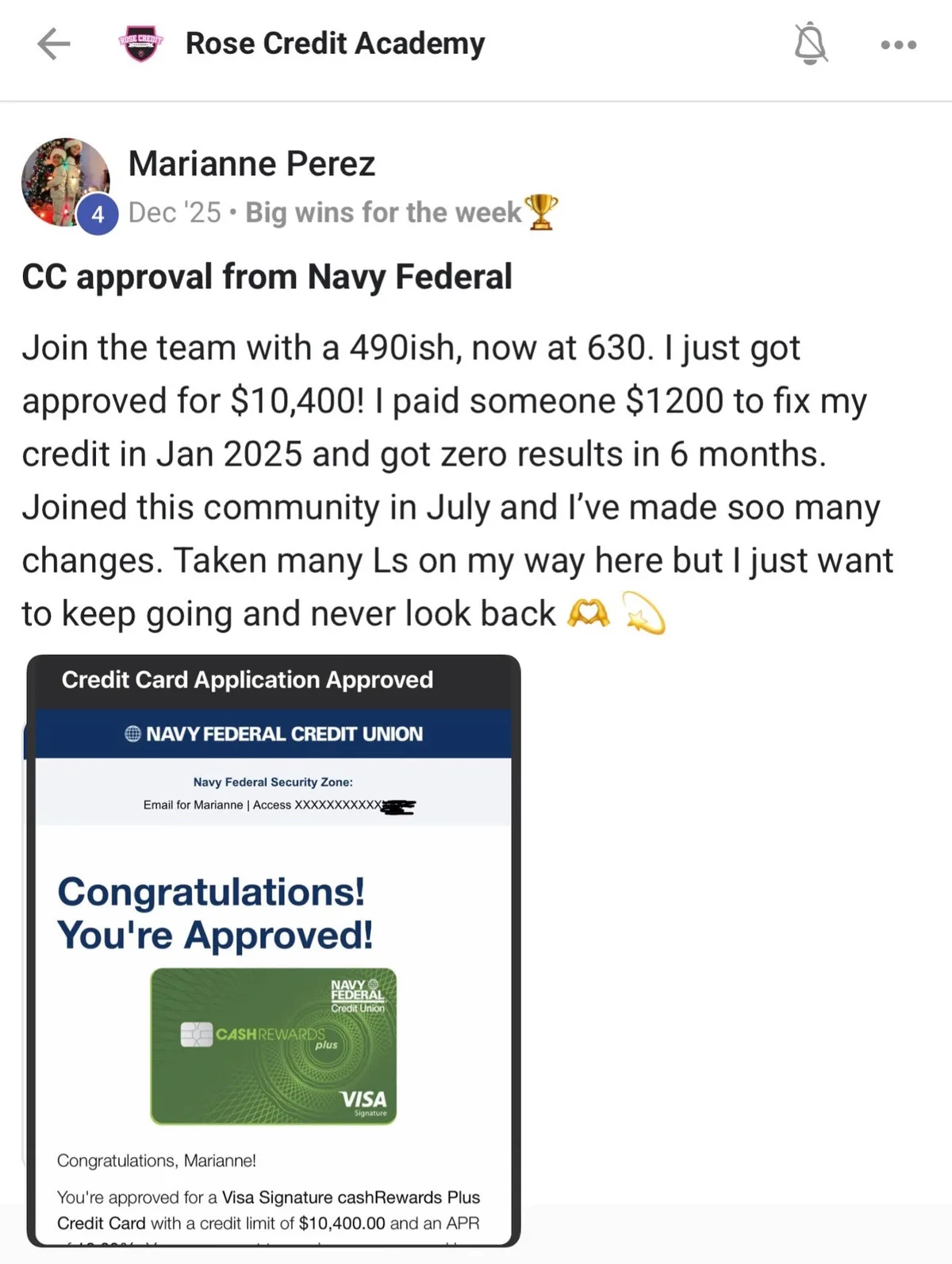 Rose Credit Academy student reviews and five-star member feedback