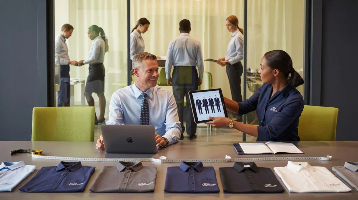 Fotografía realista de una sala de reuniones luminosa en Chile: responsable de RR HH sonríe mientras revisa catálogo de uniformes corporativos en notebook; a su lado, asesor muestra opciones en tablet. Sobre la mesa hay muestras de camisas, chaquetas y pantalones en diferentes tallas y colores corporativos, con cinta métrica y fichas de tallaje. Al fondo, a través de un vidrio, se ve al equipo con uniformes coordinados y logo de la empresa. Fondo gris oscuro con toques de verde lima y luz cálida, transmitiendo orden, eficiencia y tranquilidad.