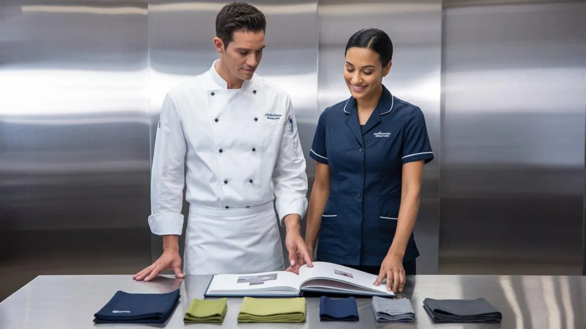 Uniformes gastronómicos y clínicos premium: chef con chaqueta blanca y delantal junto a enfermera con scrub navy, revisando catálogo de telas transpirables y personalizables en cocina y área médica moderna.