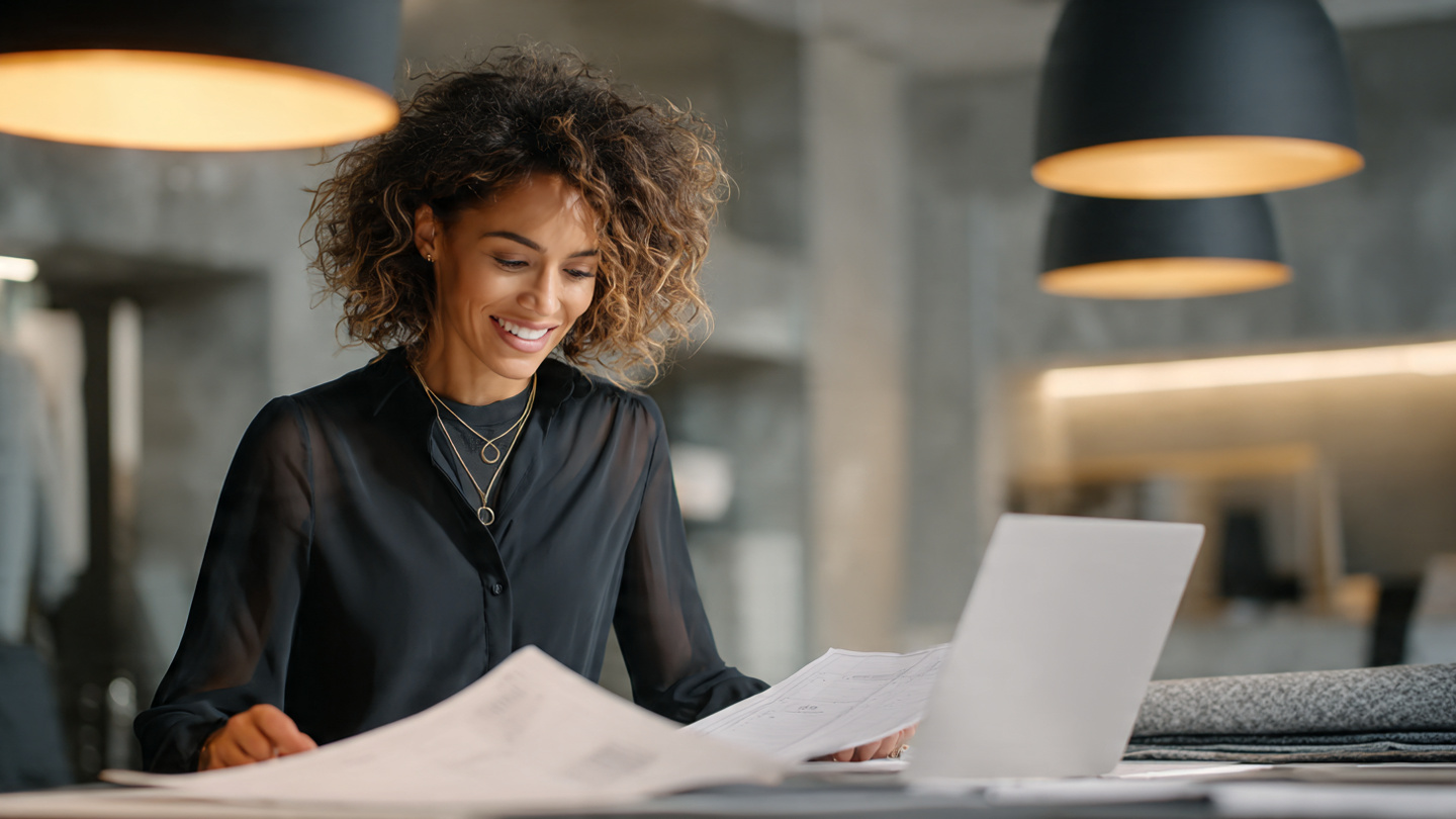 Consultor revisando telas y fichas técnicas para diagnosticar las necesidades de uniformes de una empresa.
