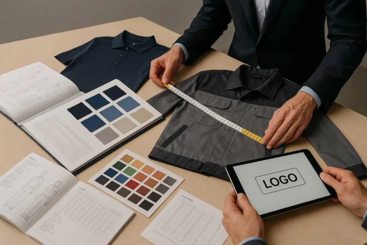 Proceso de selección y validación de uniformes corporativos con muestras, tallajes y revisión de logos