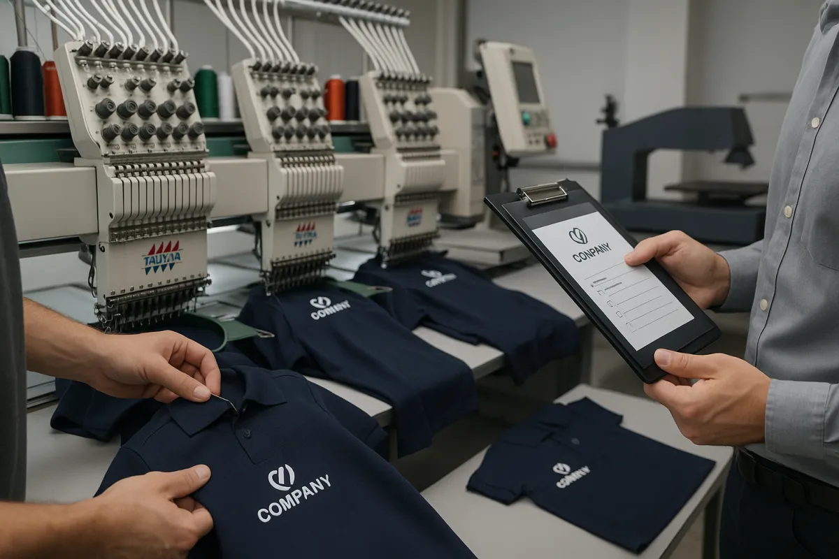 Proceso de producción y control de calidad en bordado y estampado corporativo para uniformes empresariales.