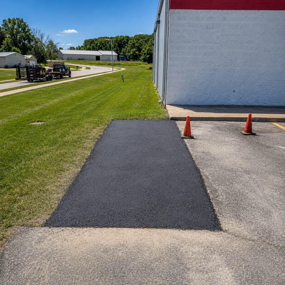 Fresh asphalt patch repair installed beside a commercial building and existing pavement.
