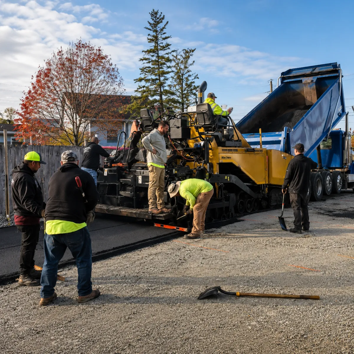 Asphalt paving crew placing fresh pavement with a paver and dump truck during a commercial paving project.