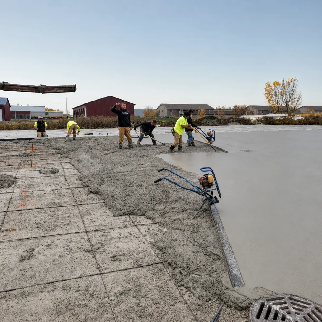 Concrete crew placing and finishing fresh commercial pavement beside a storm drain.