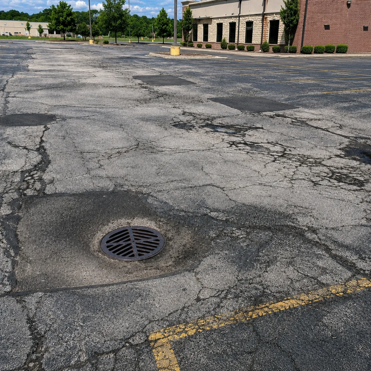 Cracked commercial parking lot pavement with asphalt repairs and a circular storm drain
