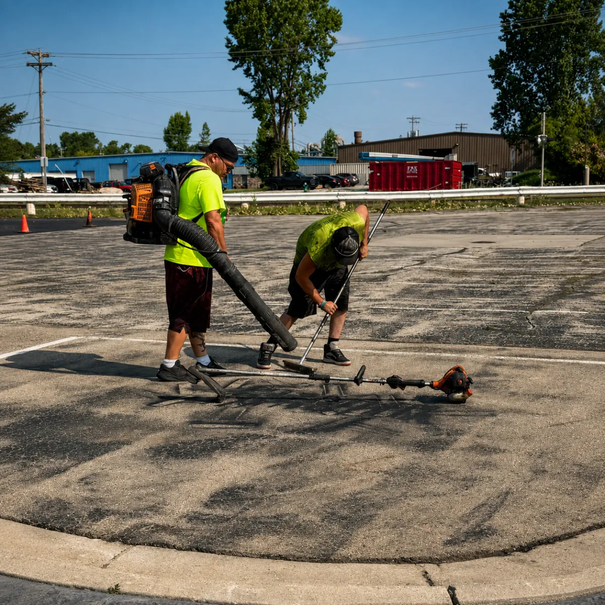 Crew cleaning cracks and debris from asphalt pavement before crack sealing.